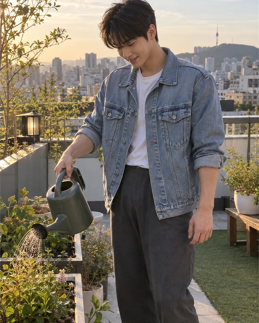 해 질 무렵 옥상 화단에 물뿌리개로 물을 주는 데님 재킷 차림