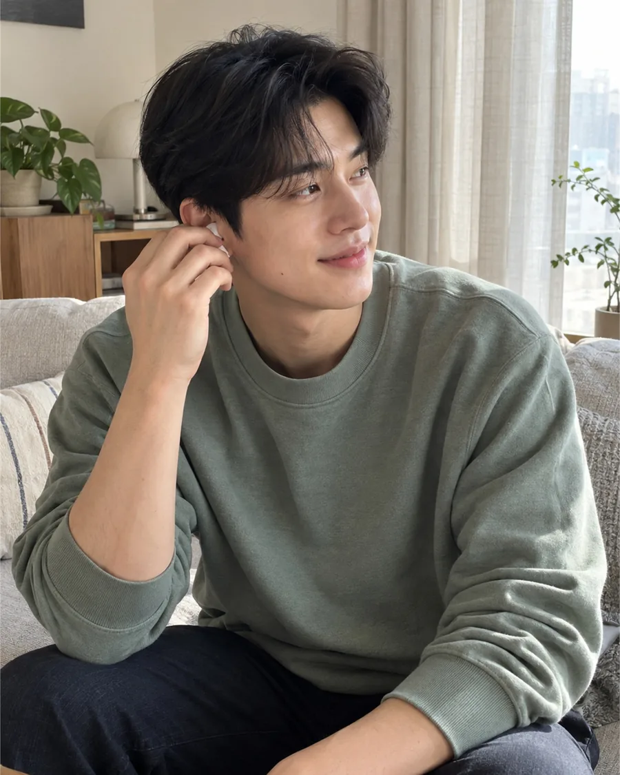 거실 소파에 앉아 무선 이어폰을 귀에 끼우는 모습