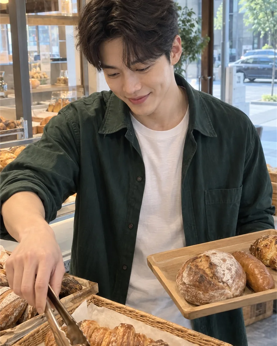 빵집에서 나무 쟁반을 들고 집게로 빵을 고르는 모습