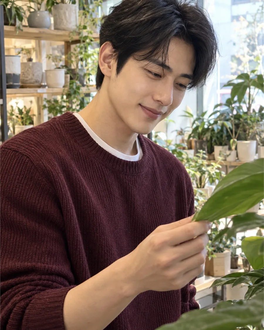 화분 가게에서 초록 잎을 손끝으로 살펴보는 버건디 니트 차림