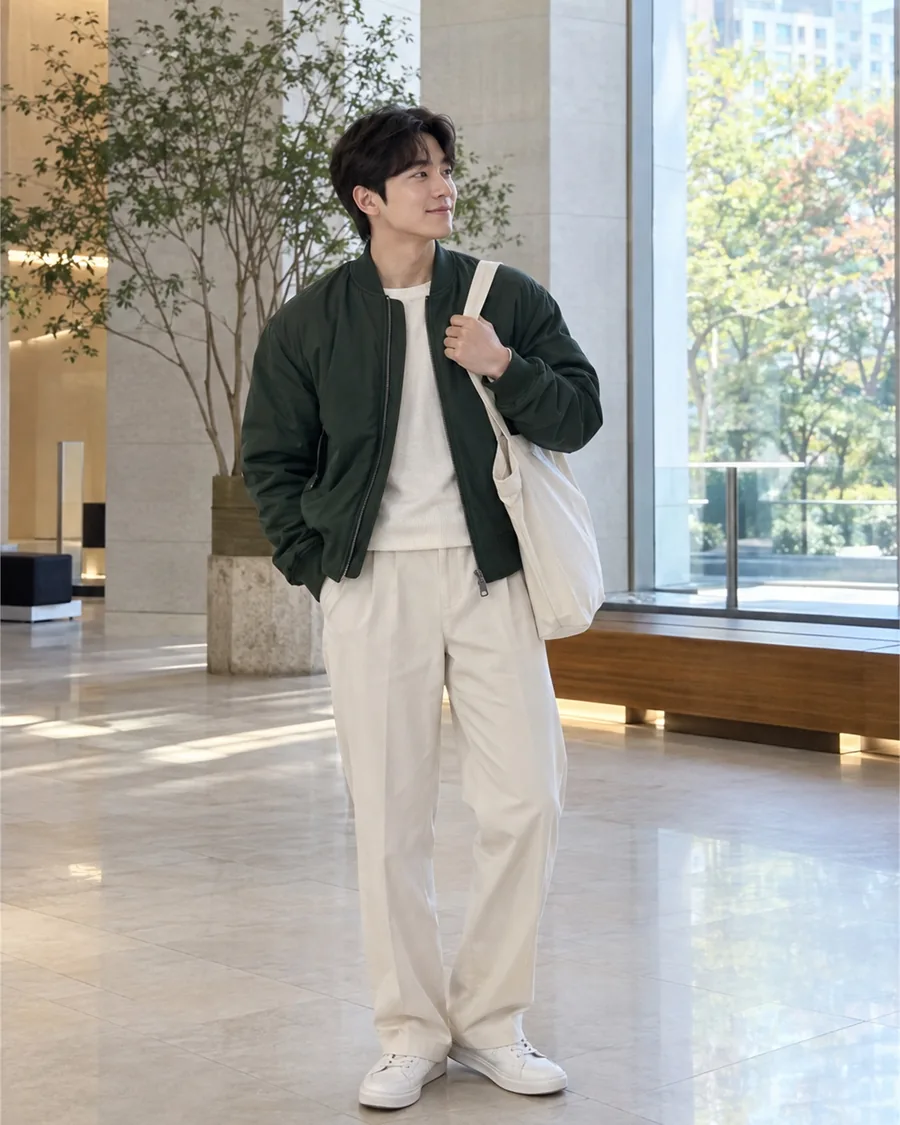 넓은 건물 로비에서 어깨에 가방을 걸치고 선 전신