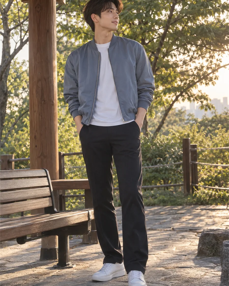 나무 벤치가 놓인 언덕 쉼터에서 저녁 햇살을 받으며 선 모습