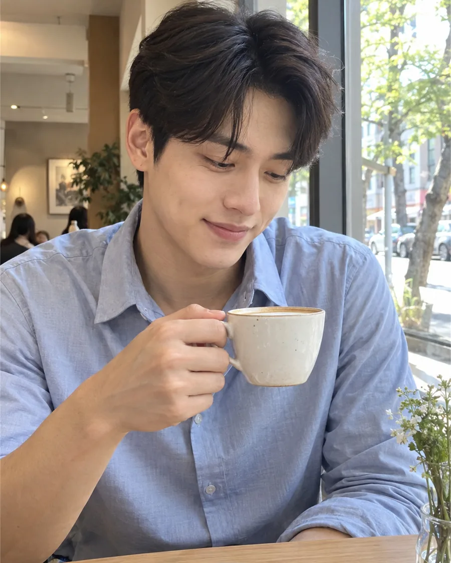 창가 자리에서 커피잔을 들고 미소 짓는 순간