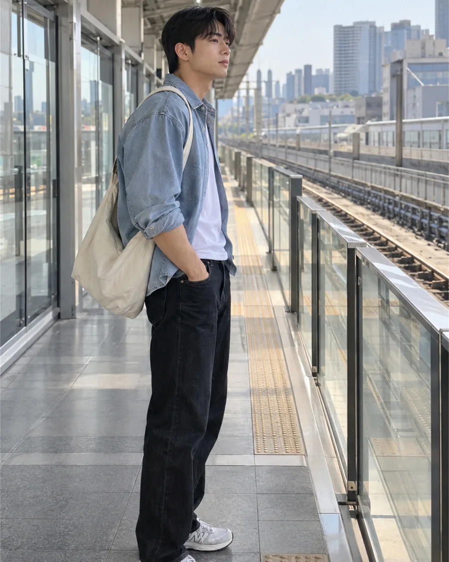 전철 승강장에서 천가방을 메고 선로 쪽을 바라보는 옆모습