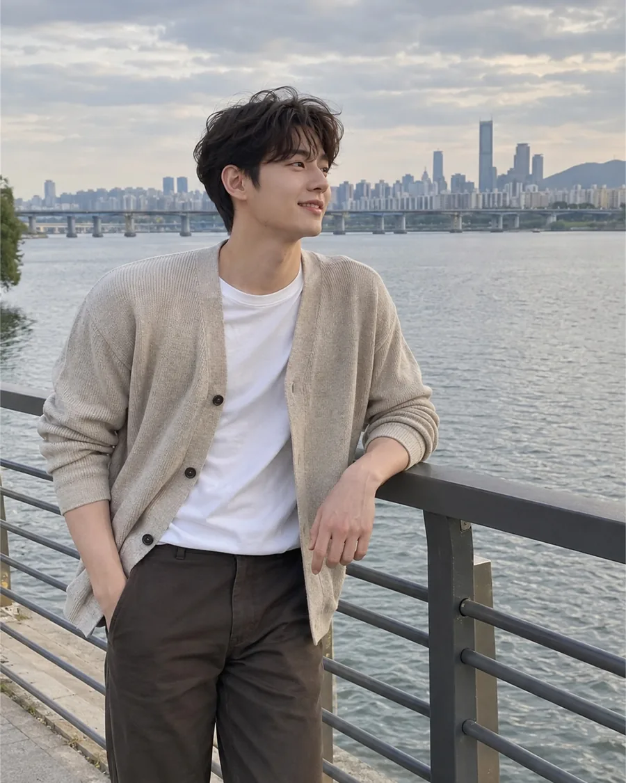 흐린 하늘 아래 강변 난간에 기대어 먼 곳을 보는 장면
