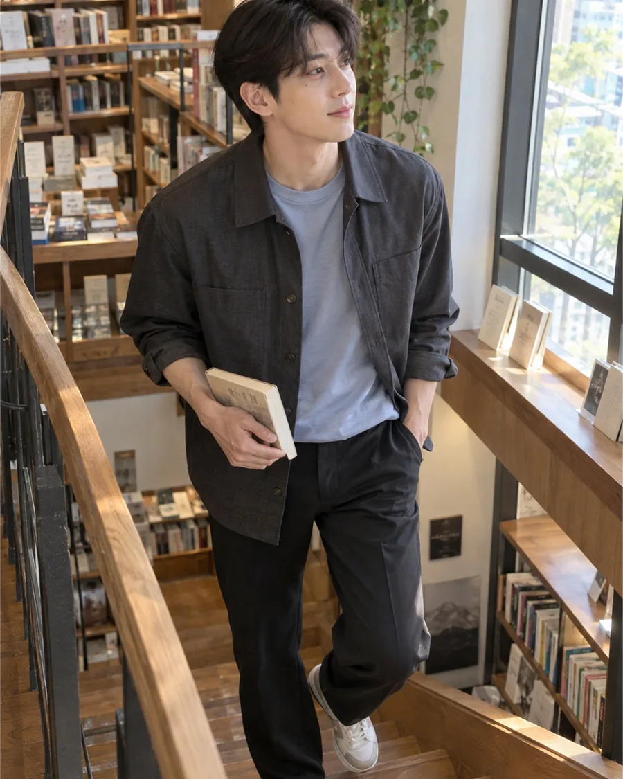 책 한 권을 들고 서점 나무 계단을 올라오는 장면