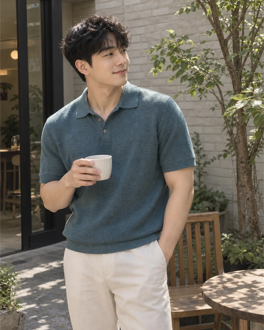 청록색 반팔 니트를 입고 카페 앞뜰에서 흰 잔을 든 모습